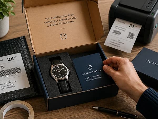 Watch packaged securely in a branded postal box ready for repair